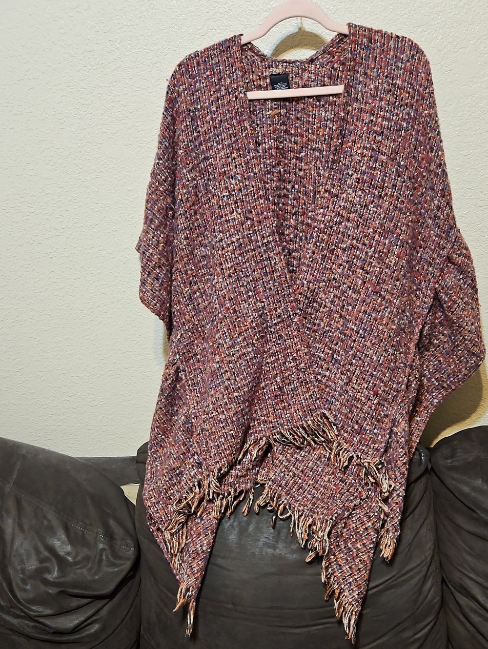 Multicolor Fringe Knit Poncho Sweater - Women's Rust Blend